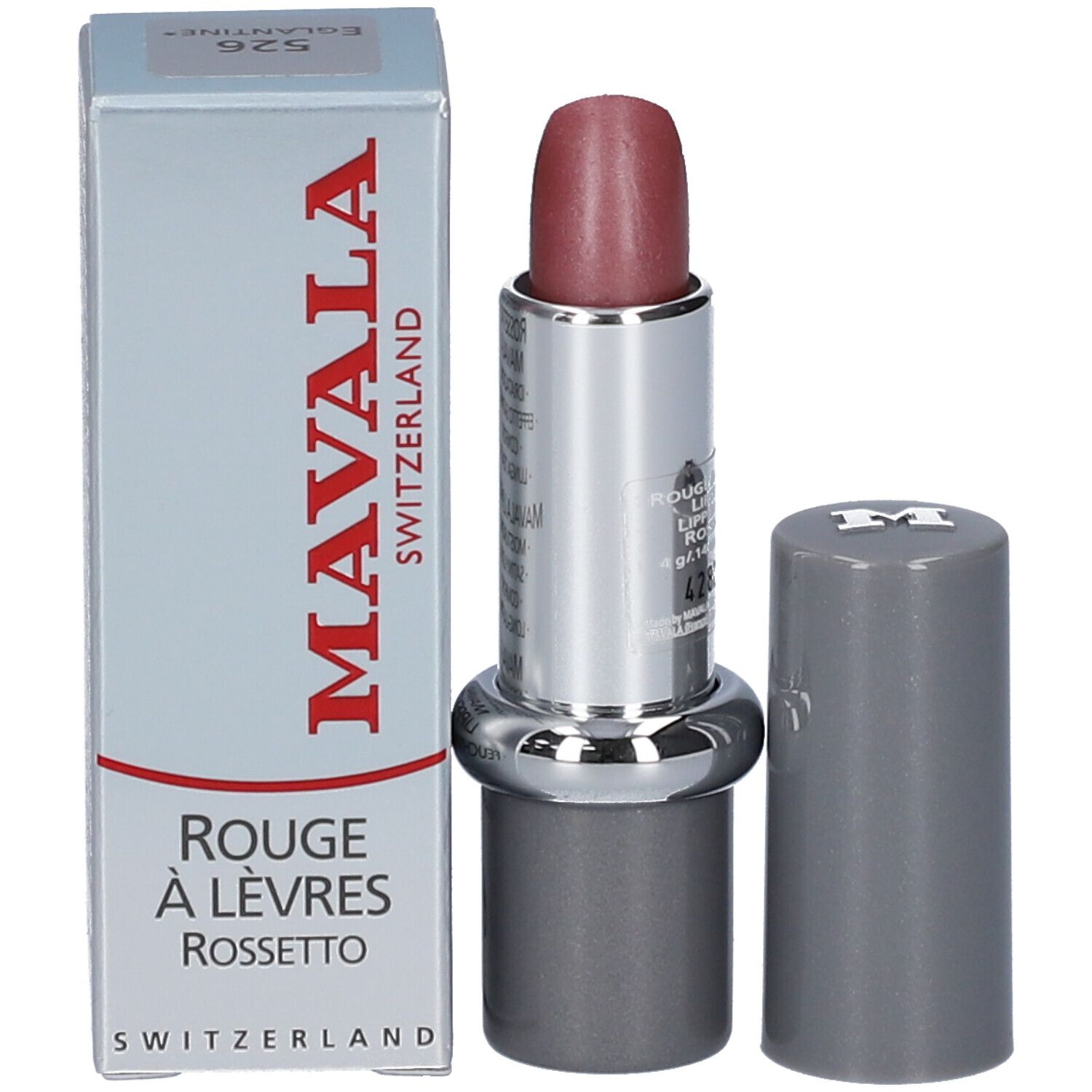 Lippenstift mit silbernem Gehäuse und rosafarbenem Stift. Aufschrift: MAVALA SWITZERLAND. Rouge à Lèvres Rossetto. Aufschrift: 426.