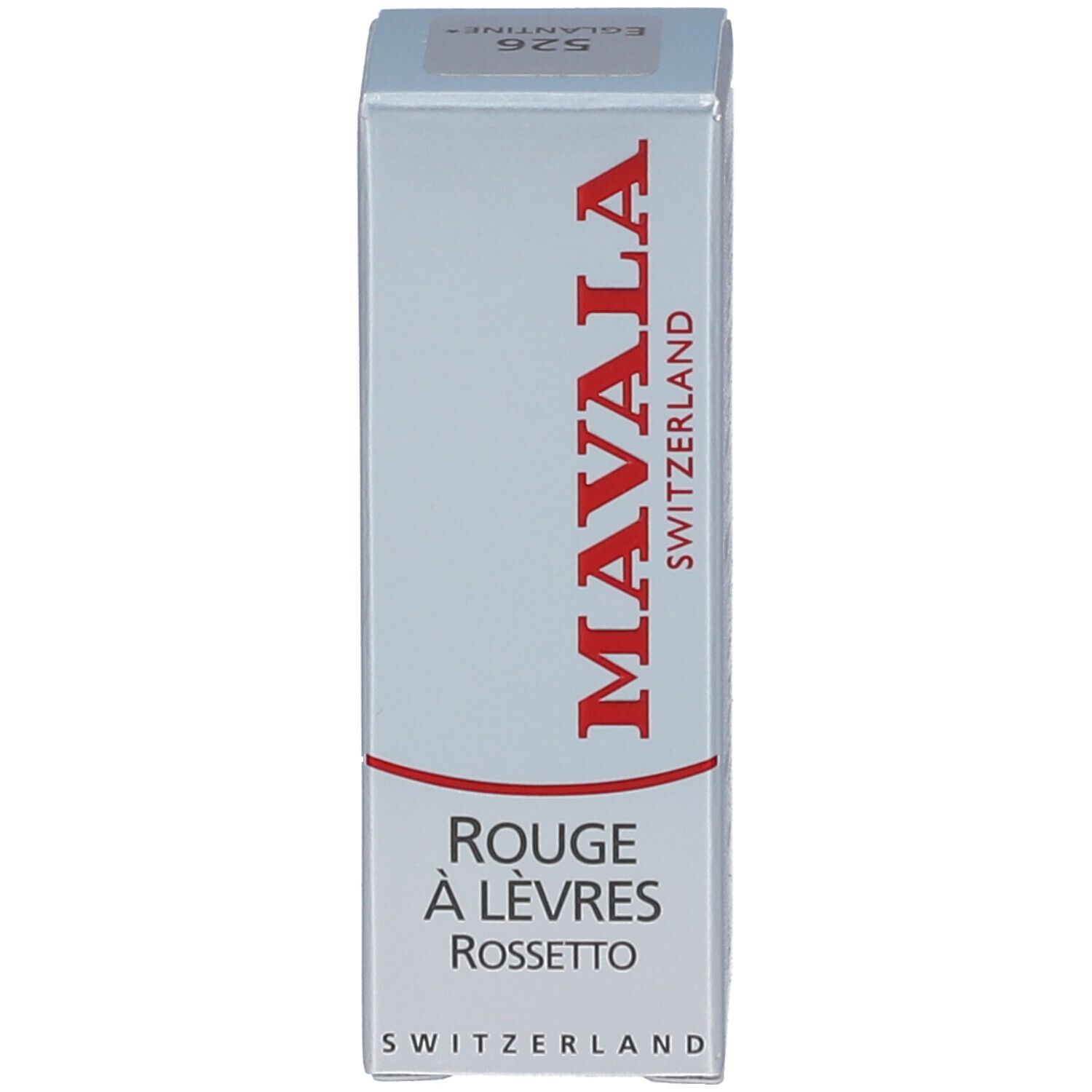 Silberne Lippenstiftverpackung. Roter Schriftzug: MAVALA SWITZERLAND. Rouge à Lèvres Rossetto. Aufschrift: Eglantine 526.