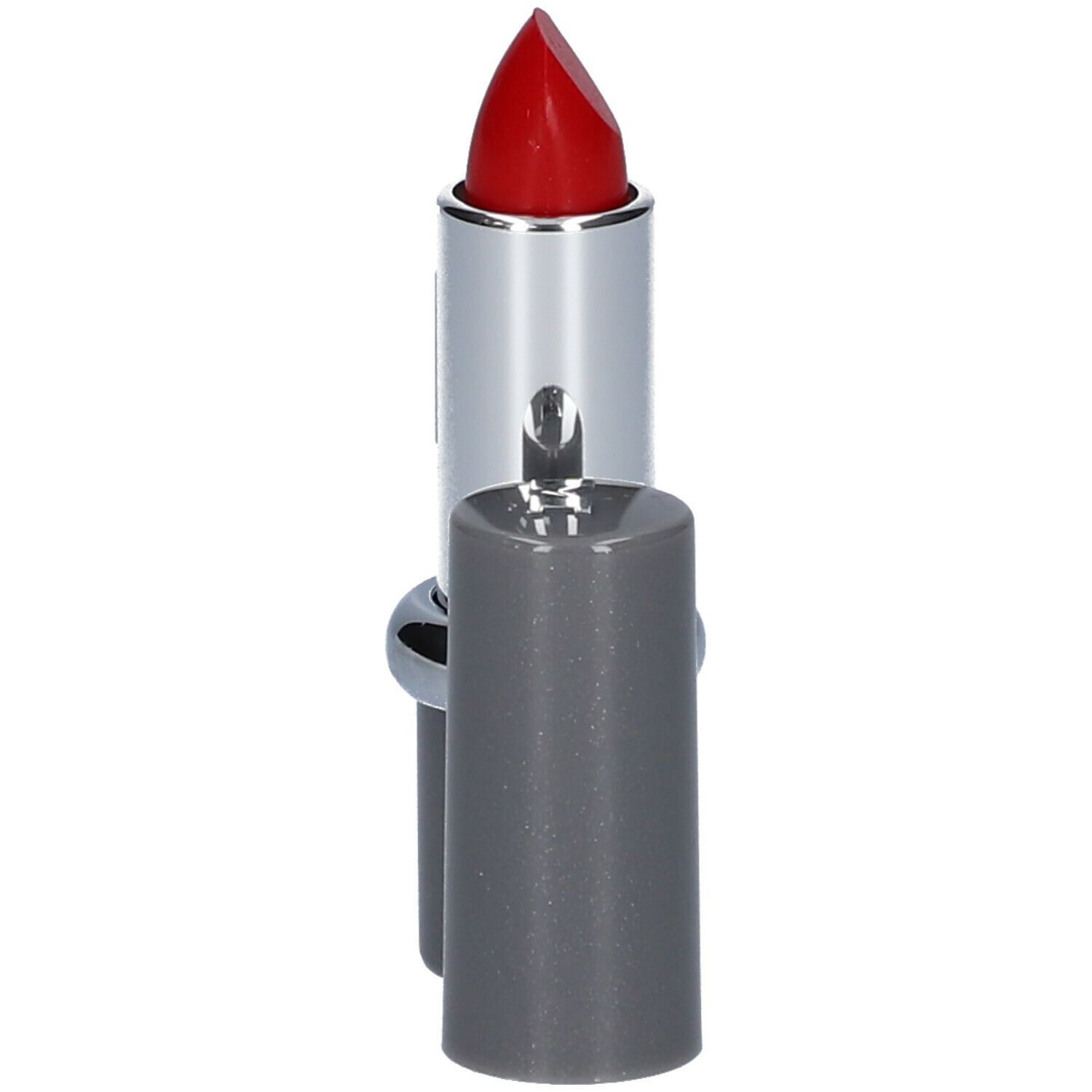 Roter Lippenstift, silberfarbener Behälter, graue Kappe daneben. Offen, Stift sichtbar.
