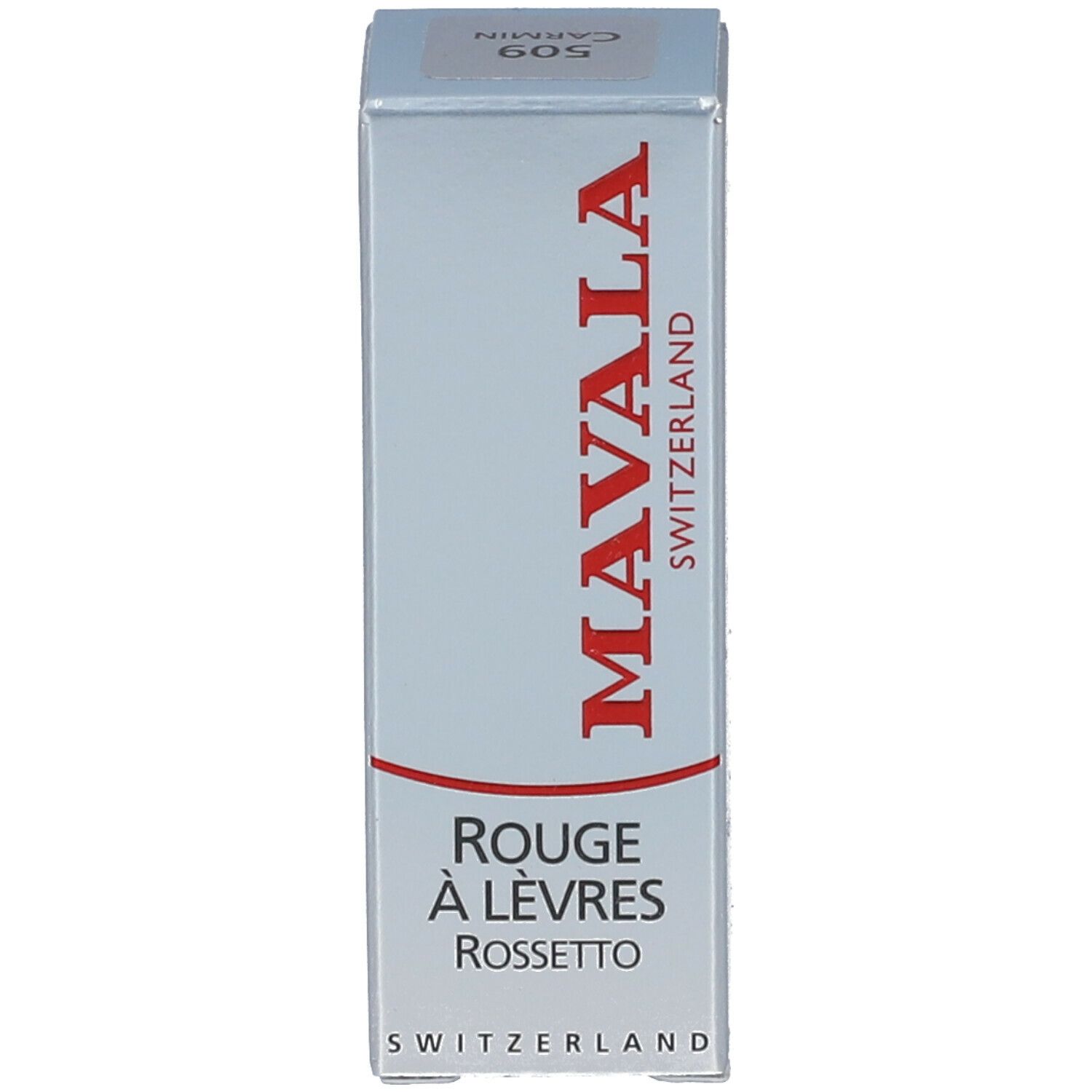 Kartonverpackung für Lippenstift. Marke MAVALA, Text: Rouge à Lèvres Rossetto, Karminrot 509.