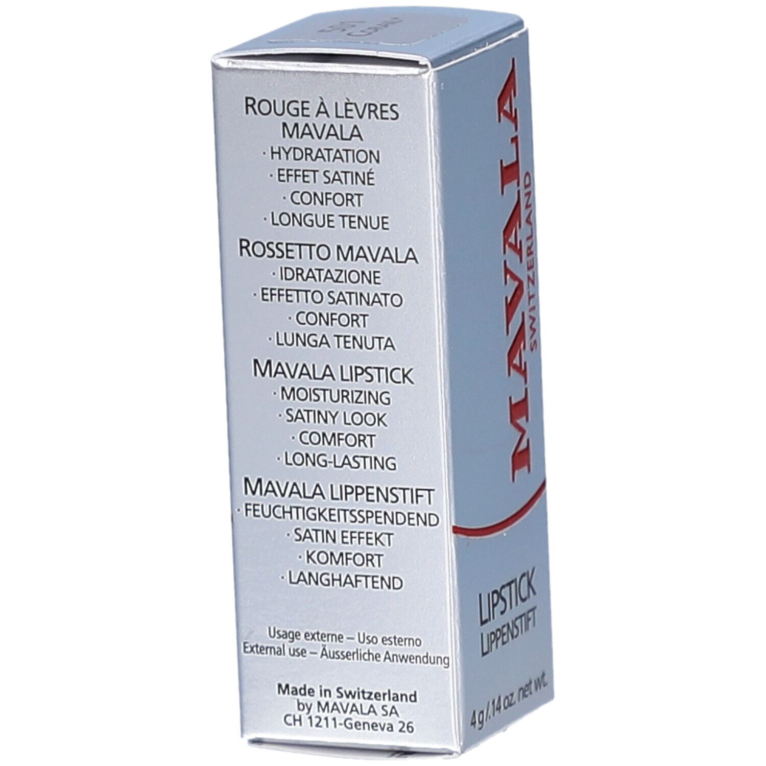 Seite der Lippenstift-Schachtel. Text in mehreren Sprachen: Rouge à Lèvres, Rossetto, Lipstick, MAVALA Lippenstift. Hergestellt in der Schweiz.