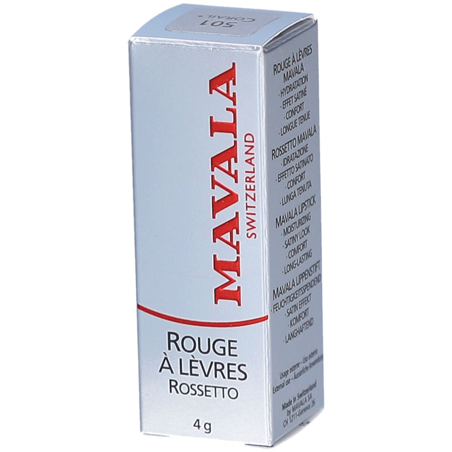 Lippenstift-Schachtel. Marke MAVALA, Schriftzug in Rot. Unten steht "ROUGE À LÈVRES ROSSETTO". Gewicht: 4 g.
