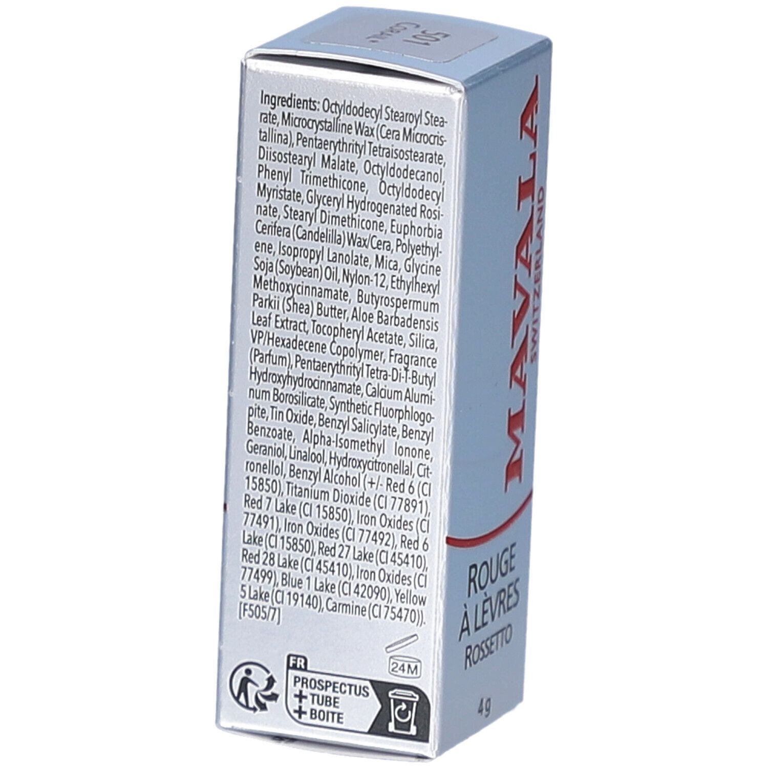 Rückseite der Lippenstift-Schachtel. Auflistung der Inhaltsstoffe. Marke MAVALA. Text: ROUGE À LÈVRES ROSSETTO. Gewicht: 4 g.