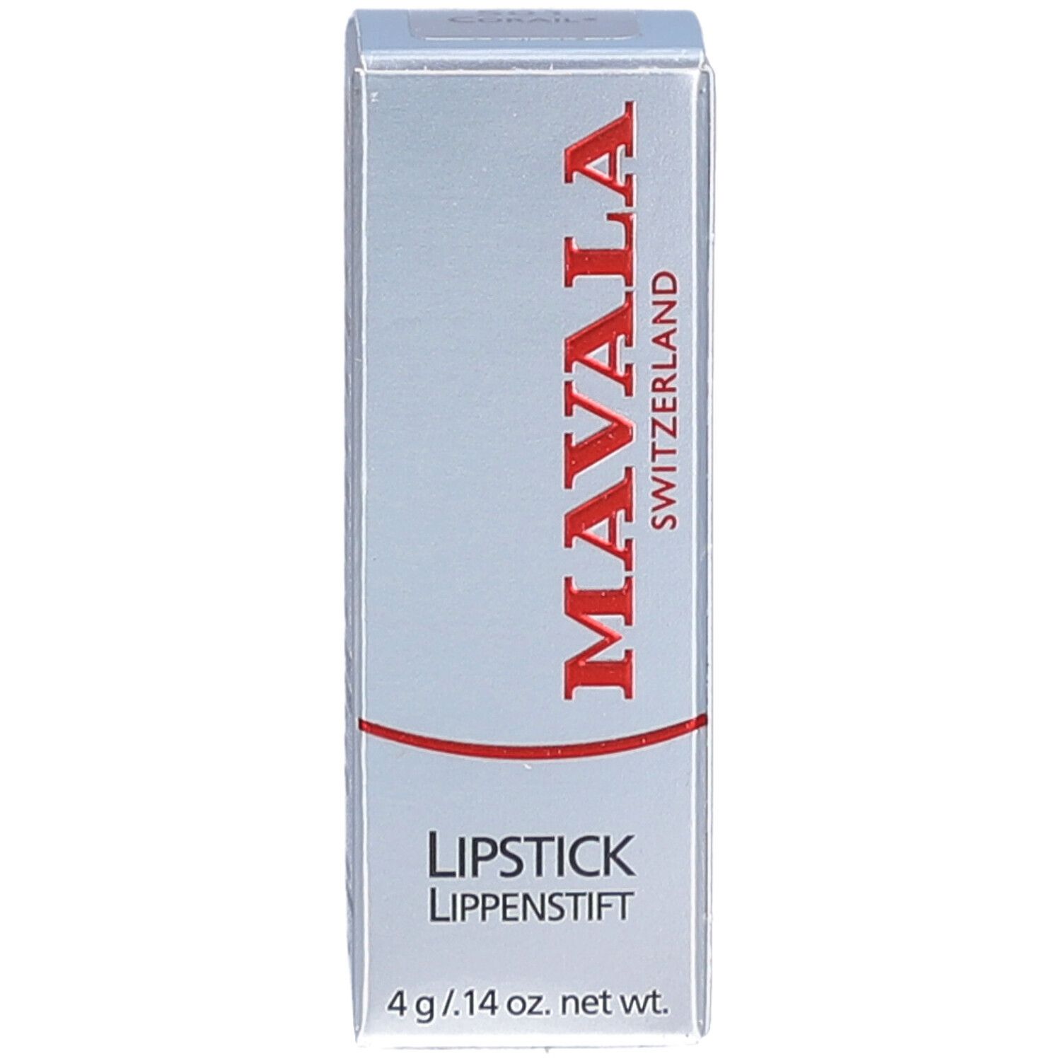 Lippenstift-Schachtel. Marke MAVALA, Schriftzug in Rot. Unten steht "LIPSTICK LIPPENSTIFT". Gewicht: 4 g / .14 oz. net wt.