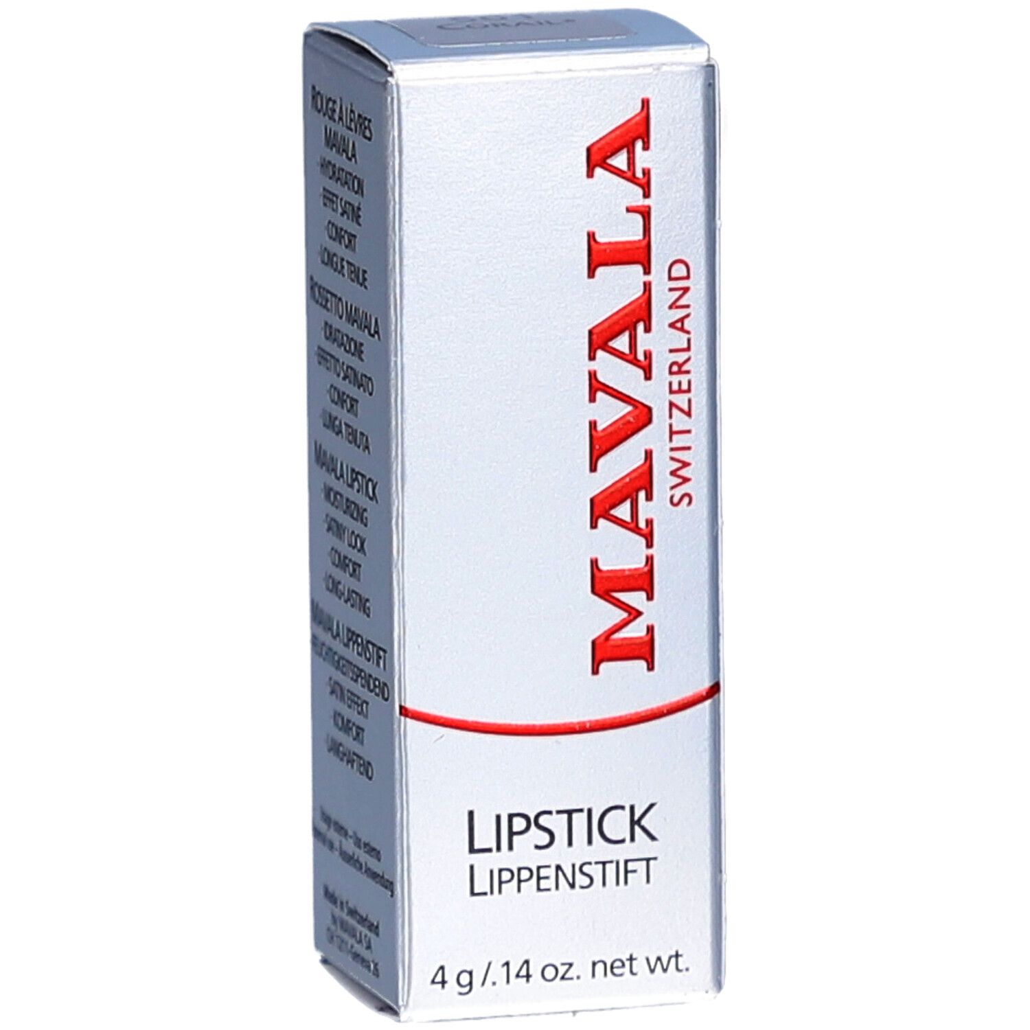 Lippenstift-Schachtel. Marke MAVALA, Schriftzug in Rot. Unten steht "LIPSTICK LIPPENSTIFT". Gewicht: 4 g / .14 oz. net wt.