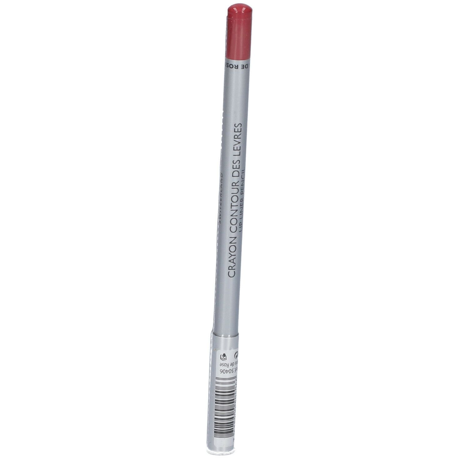Crayon contour des lèvres. Crayon argenté avec pointe rouge. Inscription : Crayon Contour des Lèvres, Lip Liner Pencil.