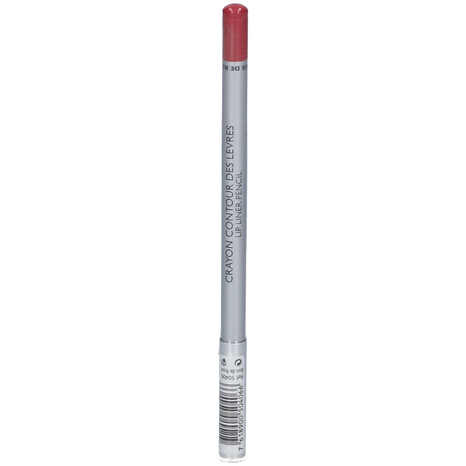 Crayon contour des lèvres. Crayon argenté avec pointe rouge. Inscription : Crayon Contour des Lèvres, Lip Liner Pencil.