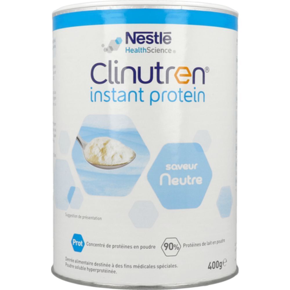 Boîte Clinutren Instant Protein. Poudre blanche sur cuillère. Saveur neutre. 400g. Nestle HealthScience.