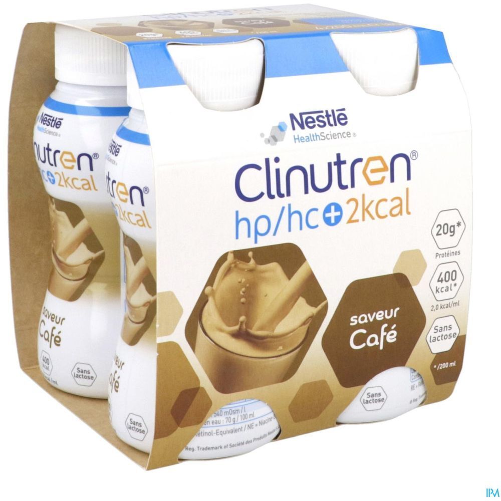 Emballage de deux bouteilles Clinutren Boisson HP HC+ Café. Logo Nestle HealthScience. Texte : hp/hc+ 2kcal, 20g protéines, 400 kcal, sans lactose.