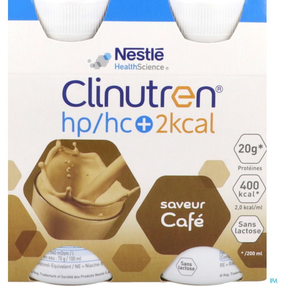 Emballage de quatre bouteilles Clinutren Boisson HP HC+ Café. Logo Nestle HealthScience. Texte : hp/hc+ 2kcal, 20g protéines, 400 kcal, sans lactose.