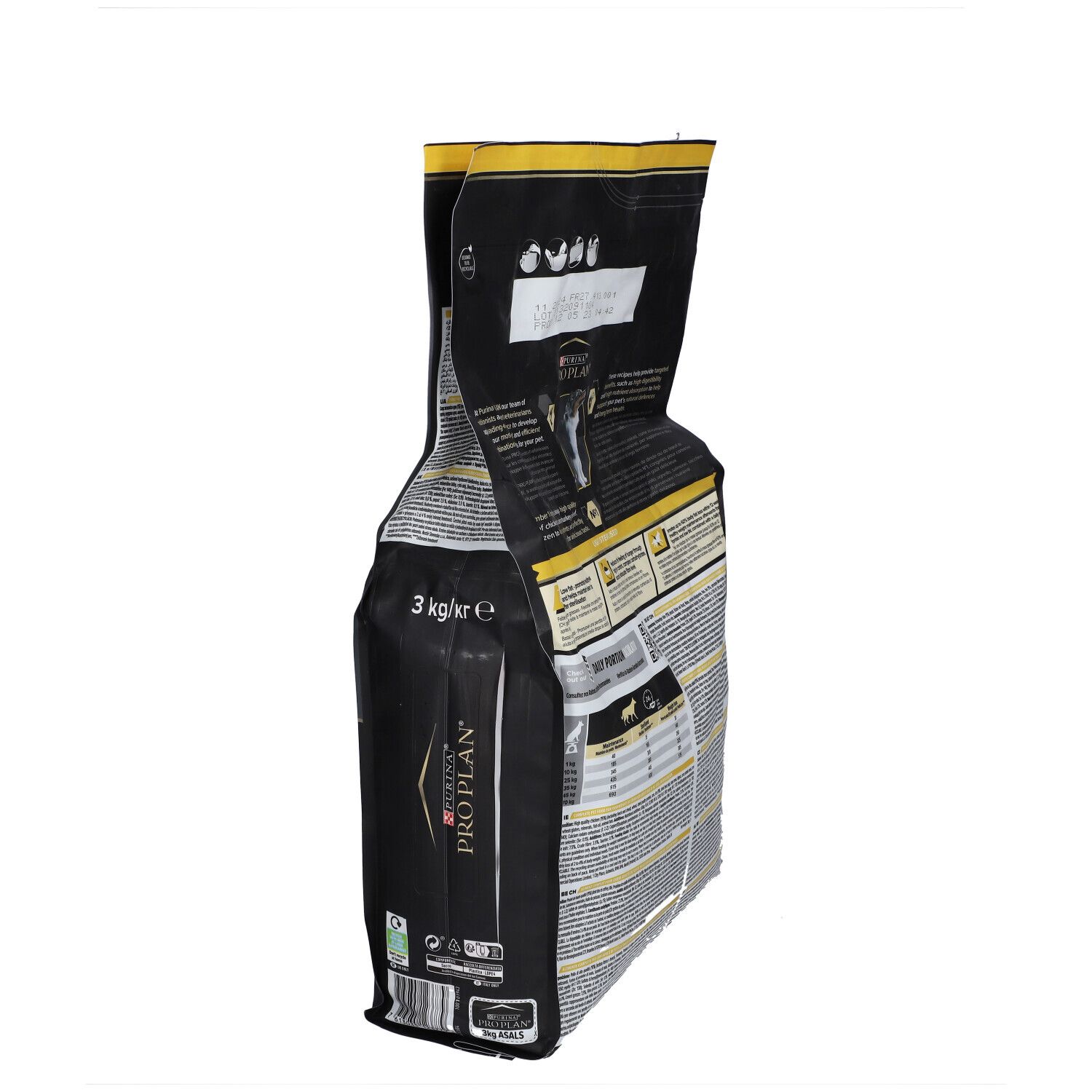 Vue latérale du sac noir de nourriture pour chiens. Inscription : PRO PLAN. Texte et informations nutritionnelles. 3 kg.