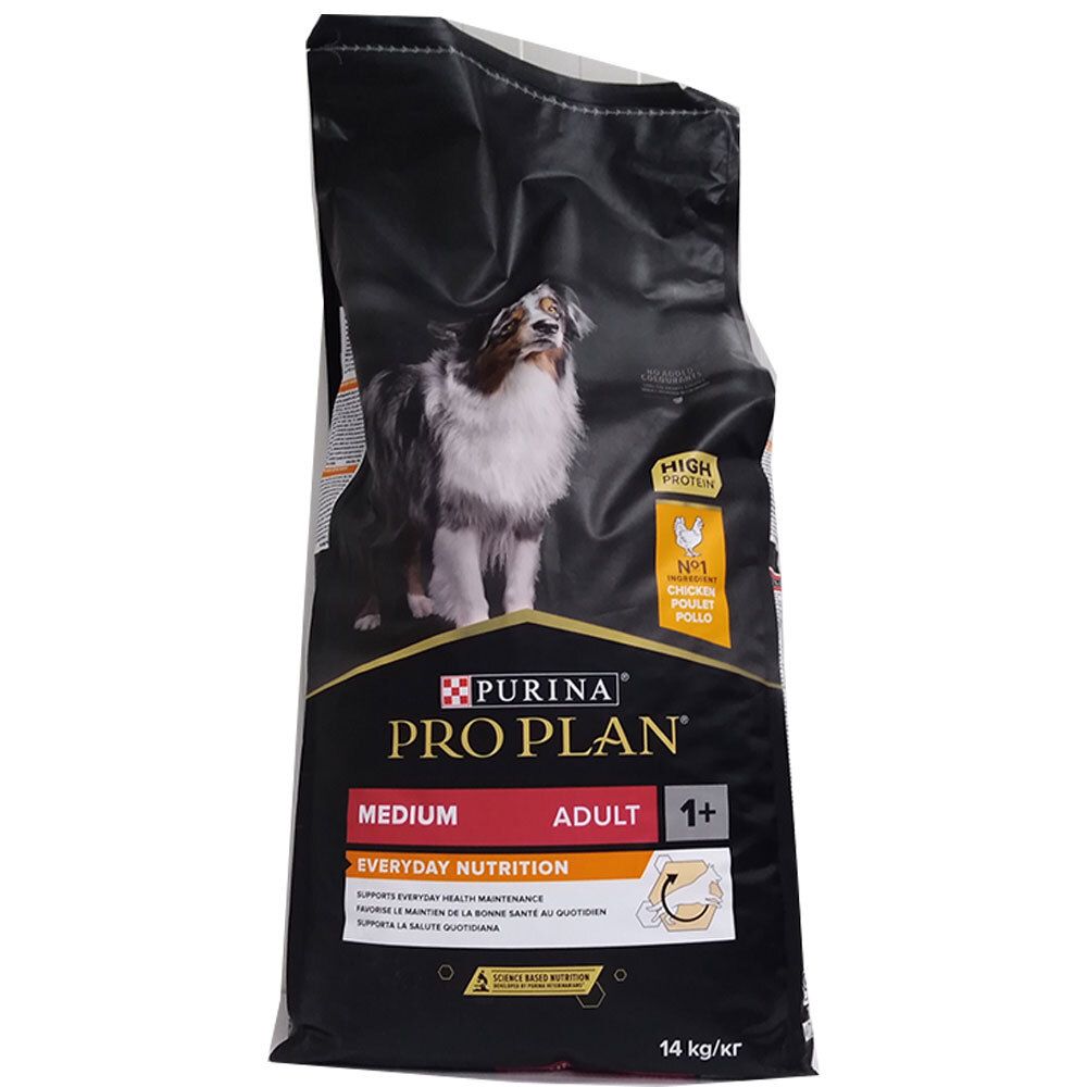 PURINA® PRO PLAN® Adult Medium Everyday Nutrition Poulet. Zwarte zak met hond. Tekst: PRO PLAN, MEDIUM, ADULT 1+. 14 kg/kr.