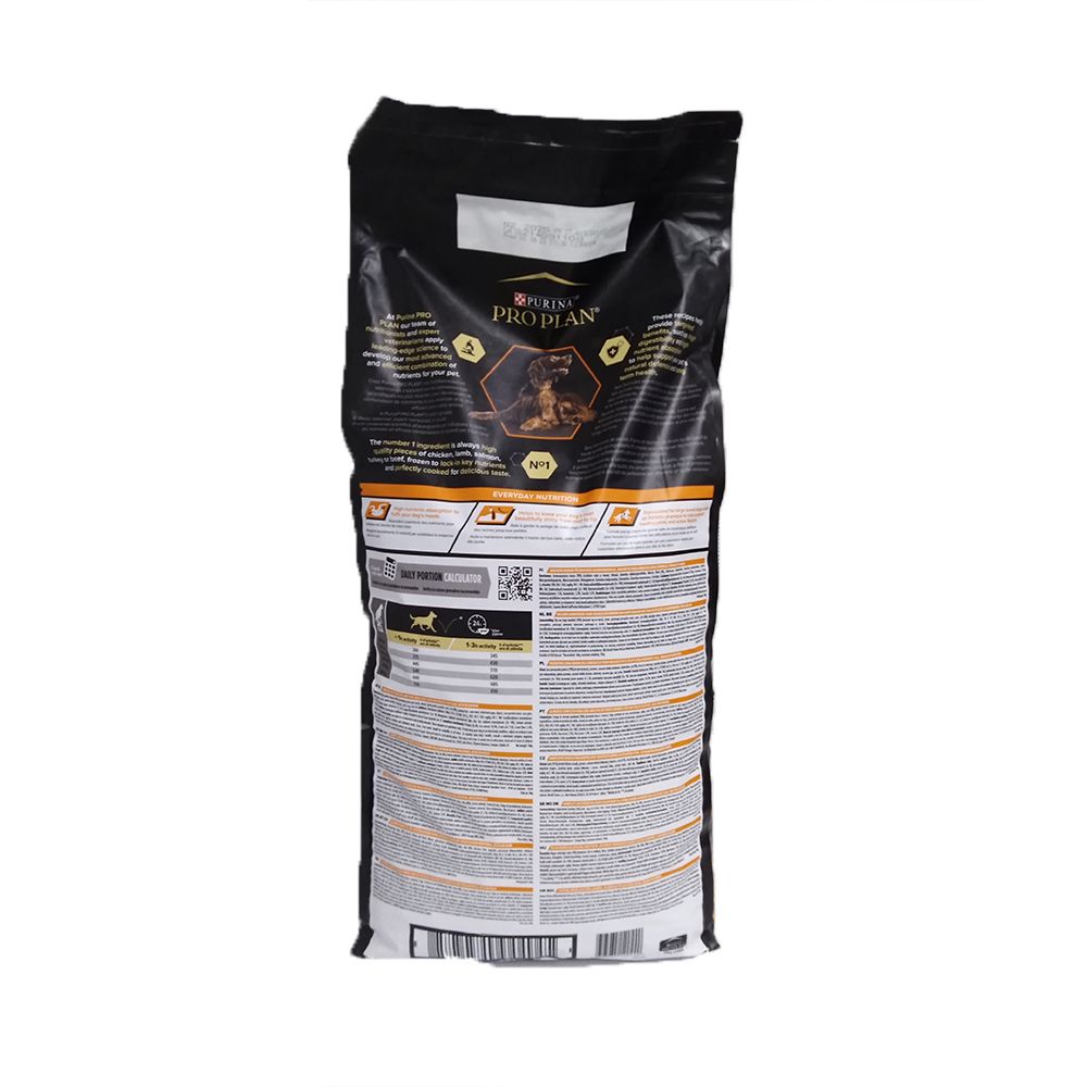 Dos du sac noir. PURINA PRO PLAN. Informations sur les ingrédients et recommandations d'alimentation.