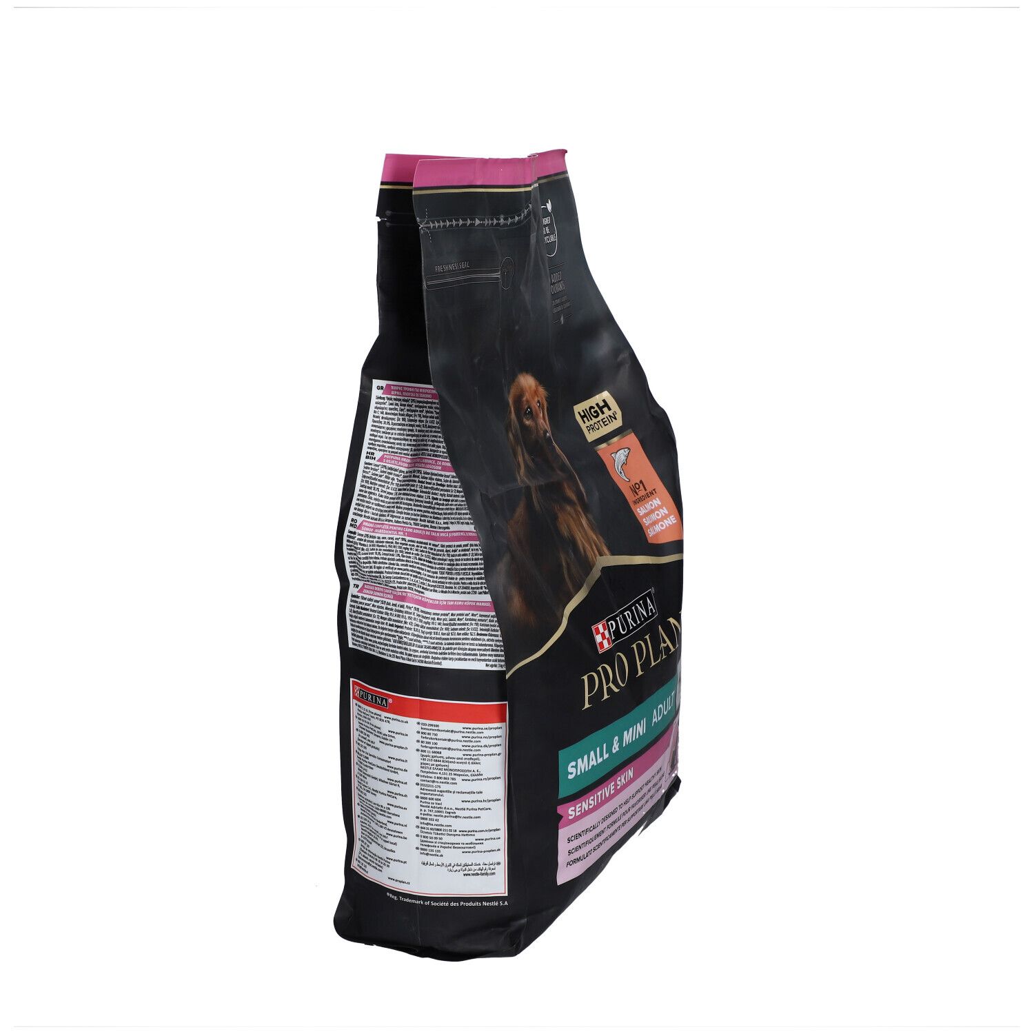 PURINA PRO PLAN, nourriture pour chiens. Vue latérale de l'emballage noir. Texte: Small & Mini Adult Sensitive Skin. Avec OPTIDERMA™ Saumon.