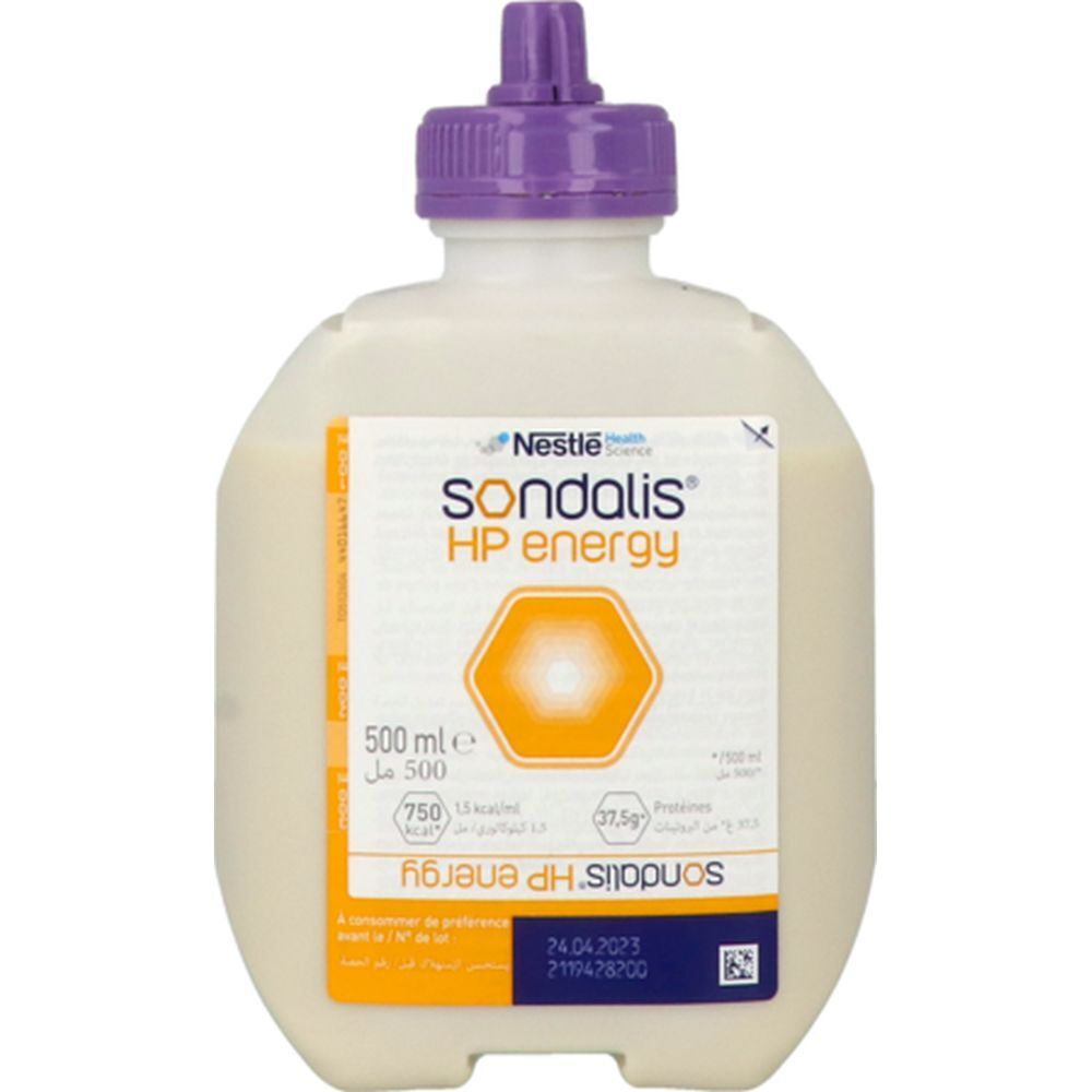Bouteille Nestlé Sondalis HP energy, bouchon violet. Inscriptions: 500 ml, 750 kcal, 27,5g protéines. Étiquette orange.