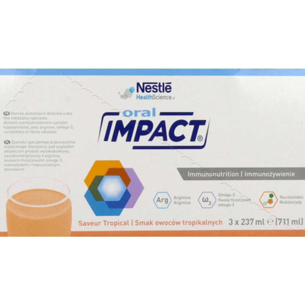 Emballage de ORAL IMPACT tropical prêt à boire. Contient 3 bouteilles. Logo Nestlé HealthScience. Inscriptions: Immunonutrition, Arginine, Oméga-3, Nucléotides.