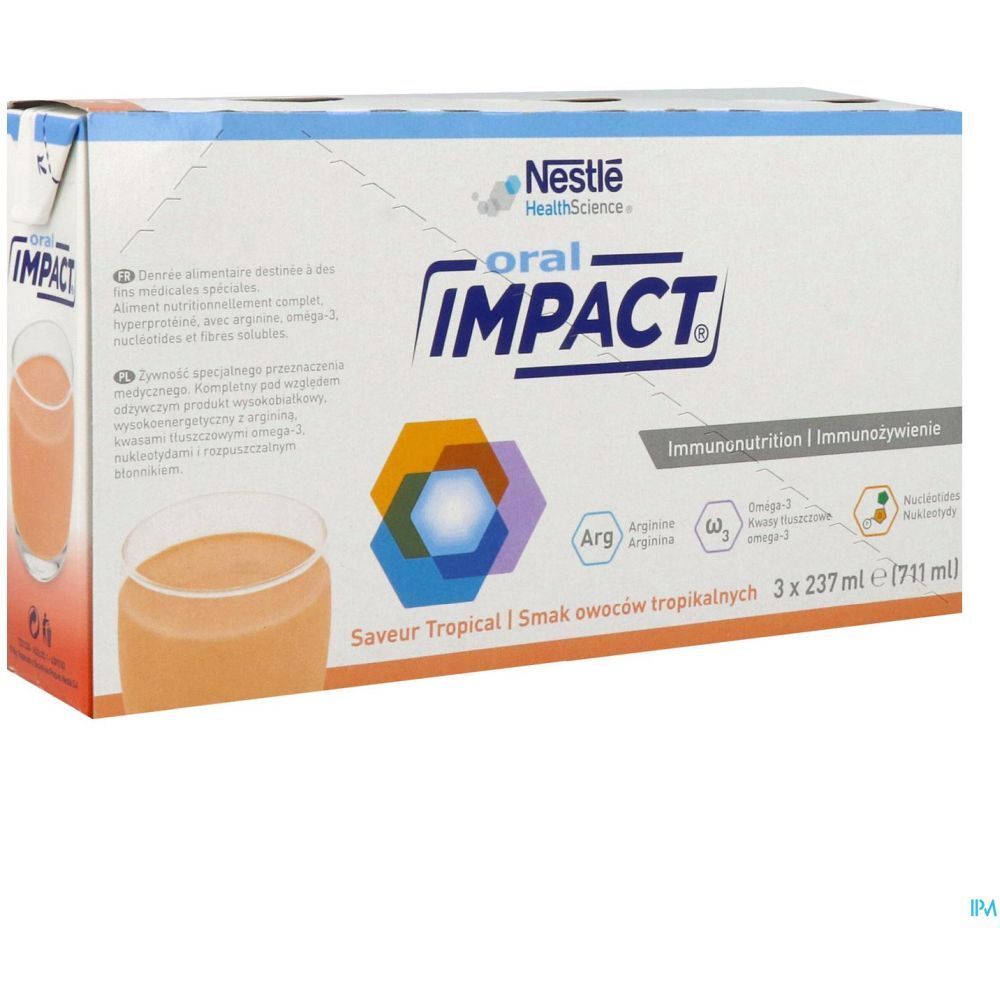 Emballage carton de ORAL IMPACT tropical prêt à boire. Contient 3 bouteilles. Logo Nestlé HealthScience. Inscriptions: Immunonutrition, Arginine, Oméga-3, Nucléotides.