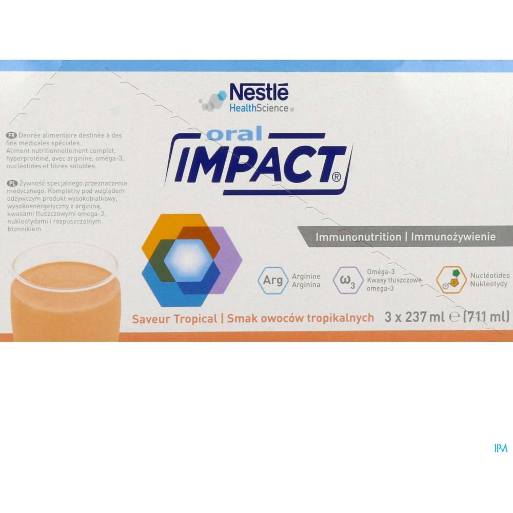 Emballage de ORAL IMPACT tropical prêt à boire. Contient 3 bouteilles. Logo Nestlé HealthScience. Inscriptions: Immunonutrition, Arginine, Oméga-3, Nucléotides.