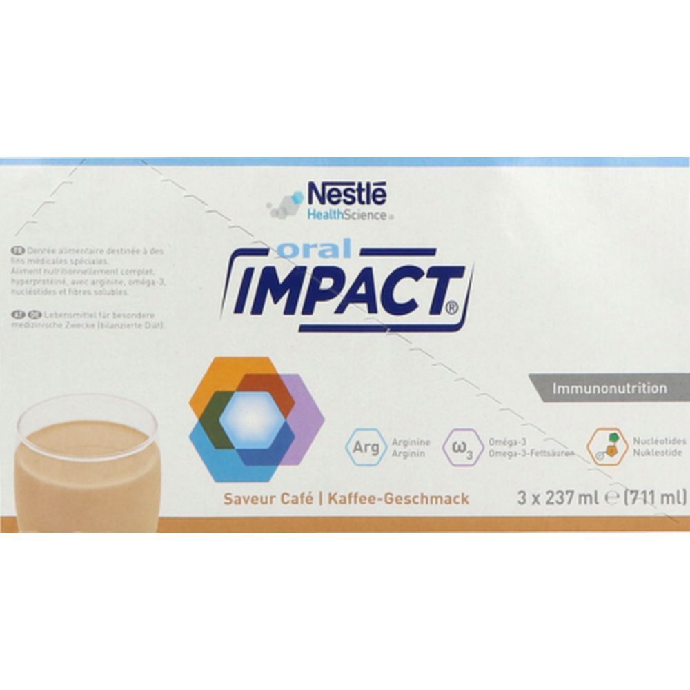 Emballage ORAL IMPACT, saveur café. Contient 3 unités de 237 ml chacune. Logo Nestle Health Science.
