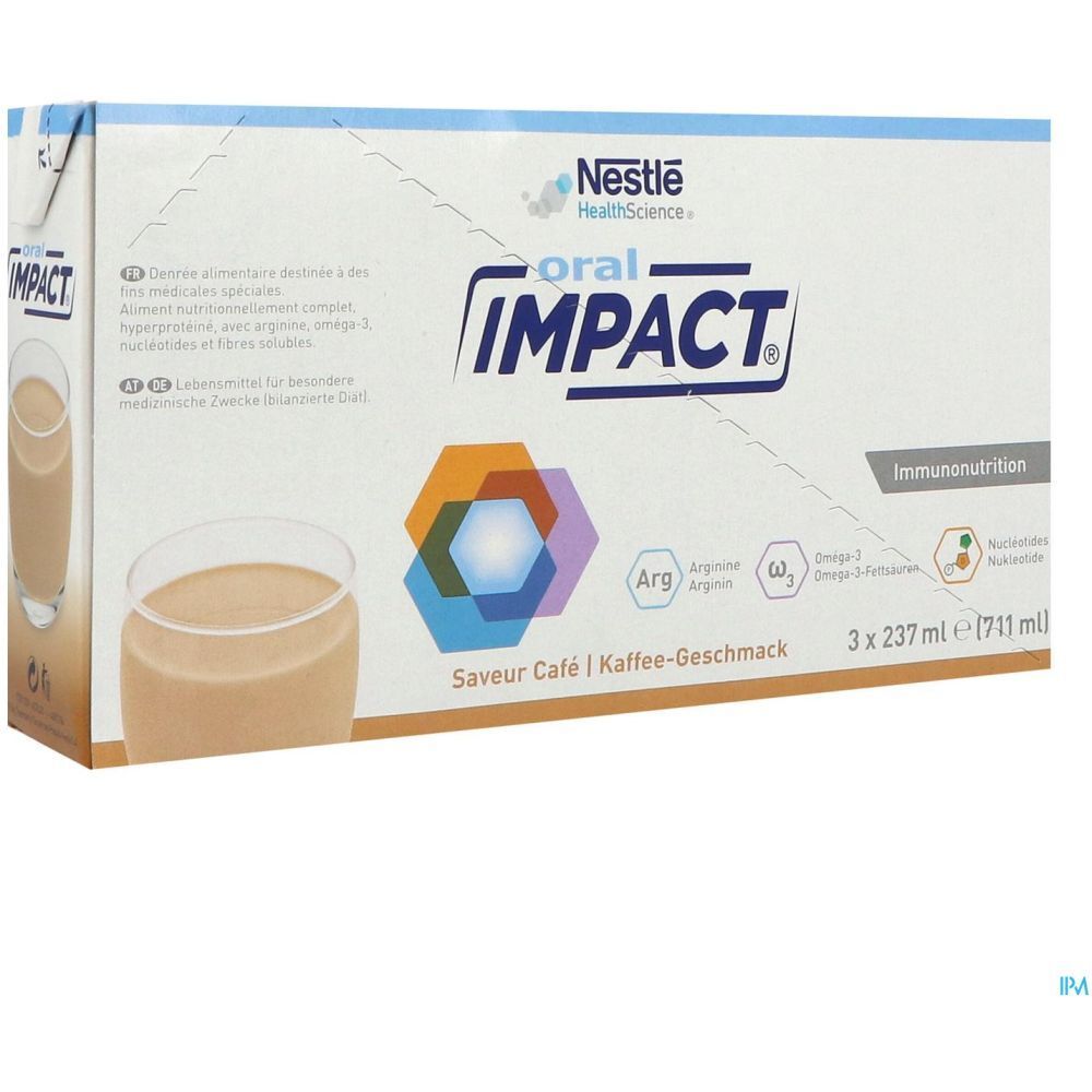Emballage ORAL IMPACT, saveur café. Contient 3 unités de 237 ml chacune. Logo Nestle Health Science.