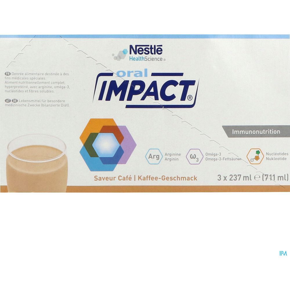 Emballage ORAL IMPACT, saveur café. Contient 3 unités de 237 ml chacune. Logo Nestle Health Science.