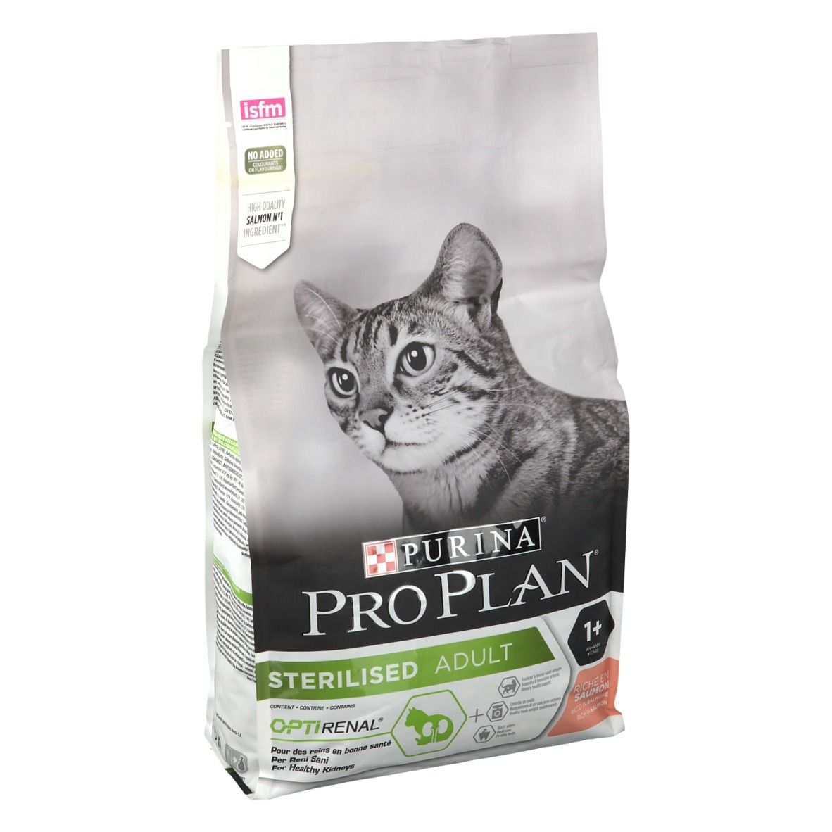 Beutel mit Katzenfutter. Marke: PURINA PRO PLAN. Aufdruck: STERILISED ADULT OPTIRENAL. Abbildung einer Katze.