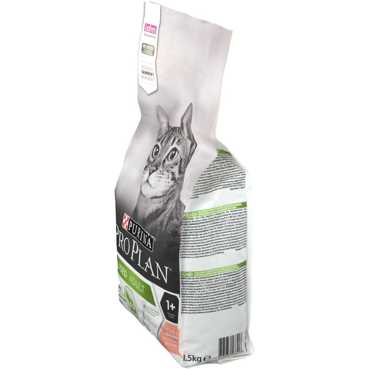 Schrägansicht eines Beutels Katzenfutter. Marke: PURINA PRO PLAN. Aufdruck: STERILISED ADULT OPTIRENAL. 1,5 kg.