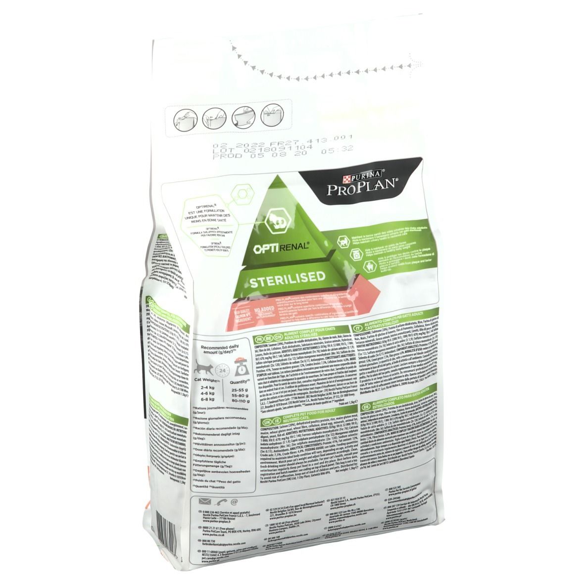 Rückseite eines Beutels Katzenfutter. Marke: PURINA PRO PLAN. Aufdruck: STERILISED OPTIRENAL. Informationen und Nährwertangaben.