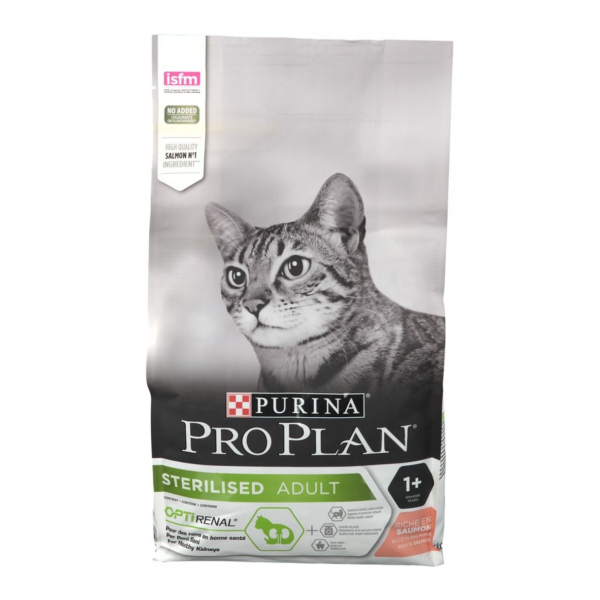 Beutel mit Katzenfutter. Marke: PURINA PRO PLAN. Aufdruck: STERILISED ADULT OPTIRENAL. Abbildung einer Katze.