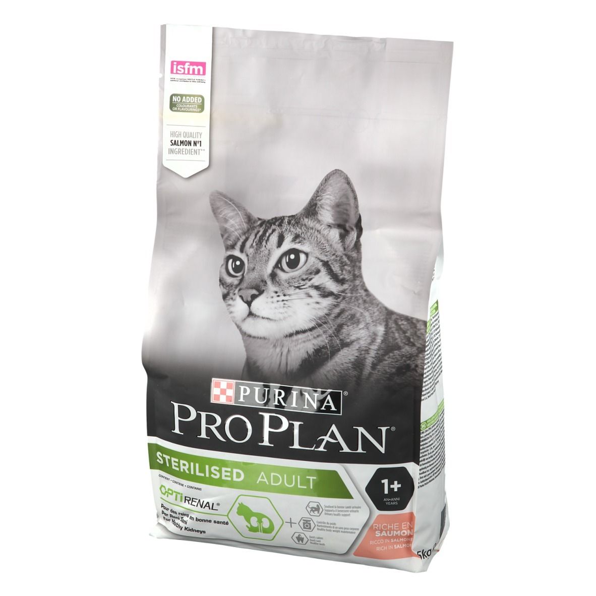 Beutel mit Katzenfutter. Marke: PURINA PRO PLAN. Aufdruck: STERILISED ADULT OPTIRENAL. Abbildung einer Katze.