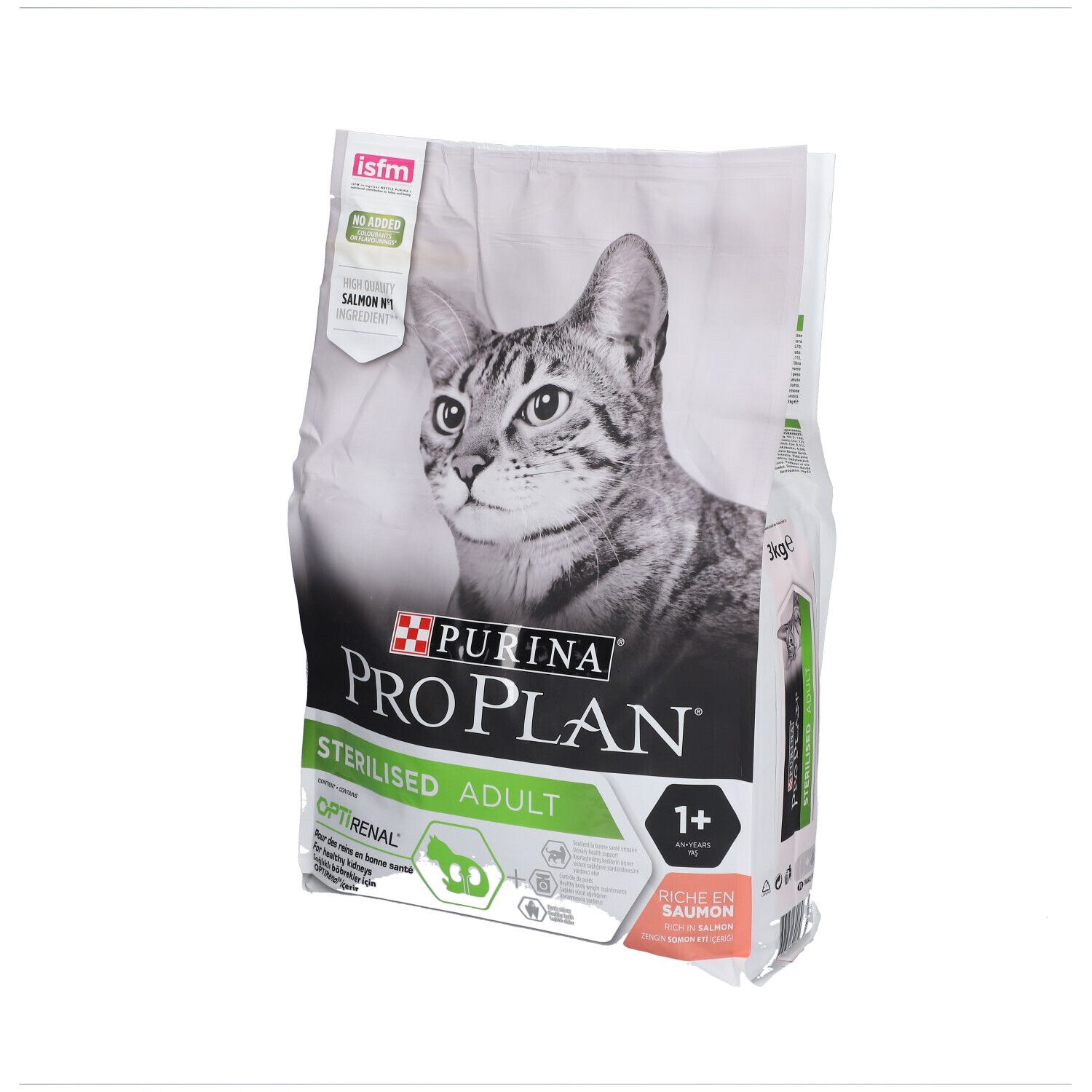 PURINA® PRO PLAN® Sterilised Adult. Sac avec image de chat, texte OPTIRENAL, saumon.