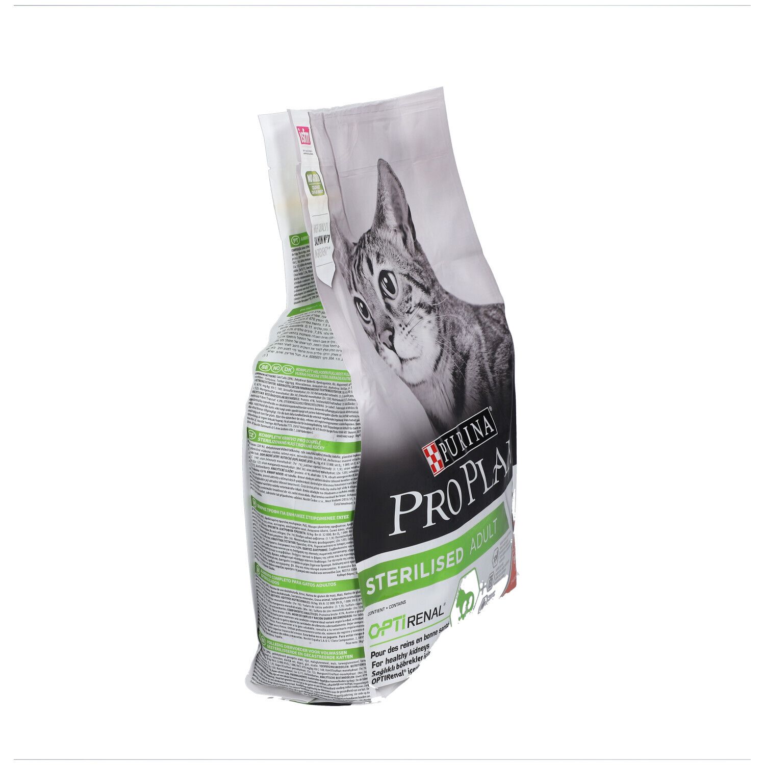 PURINA® PRO PLAN® Sterilised Adult. Vue latérale du sac avec texte.