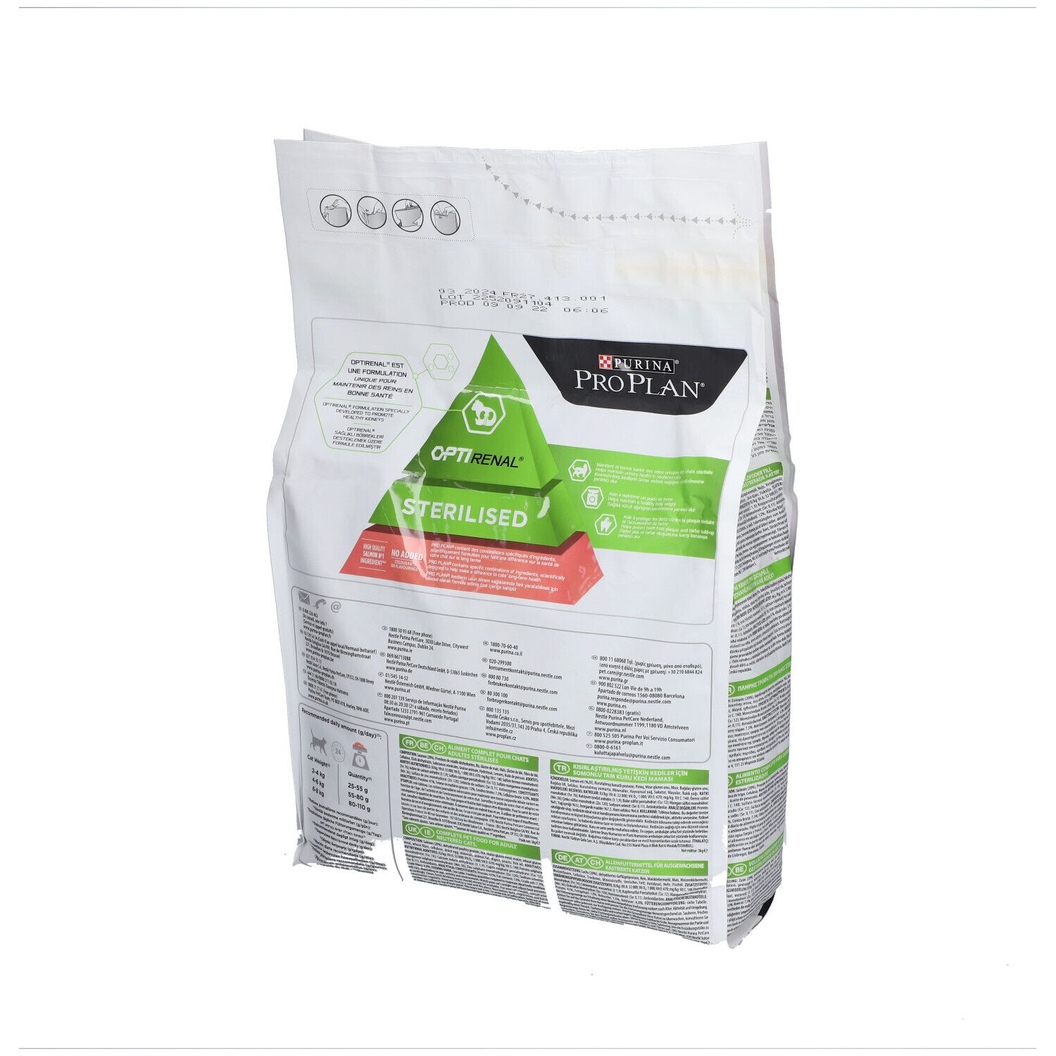 PURINA® PRO PLAN® Sterilised Adult. Dos du sac avec texte et informations.