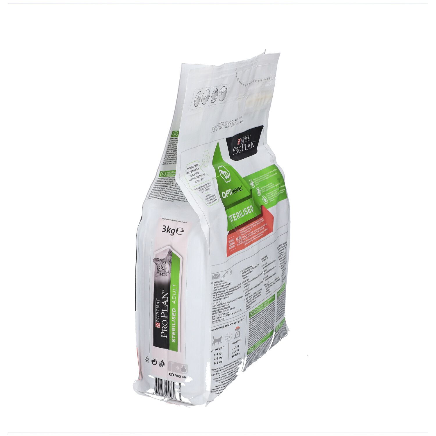 PURINA® PRO PLAN® Sterilised Adult. Vue latérale du sac, 3kg.
