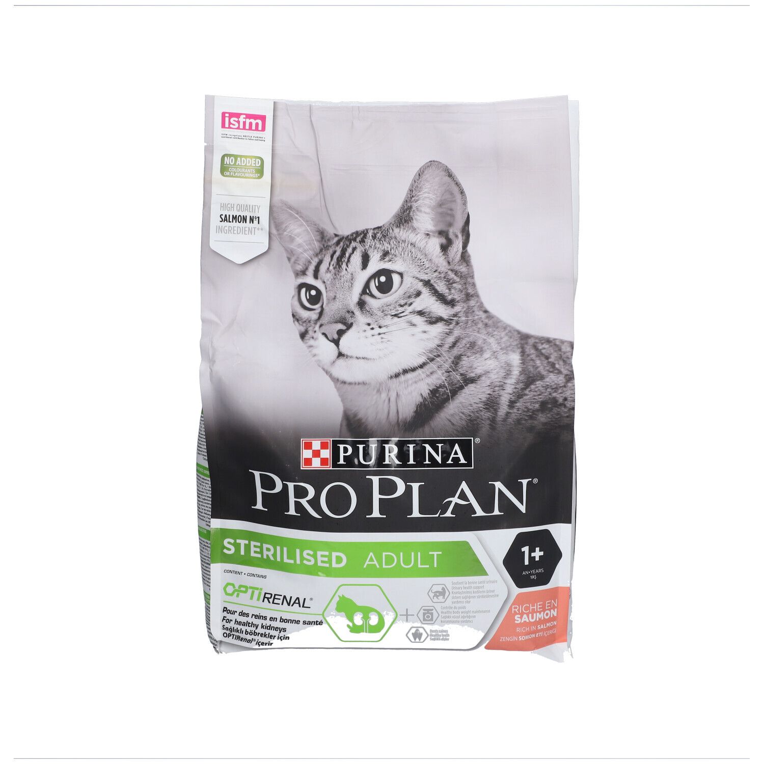 PURINA® PRO PLAN® Sterilised Adult. Vue de face du sac avec chat et texte.