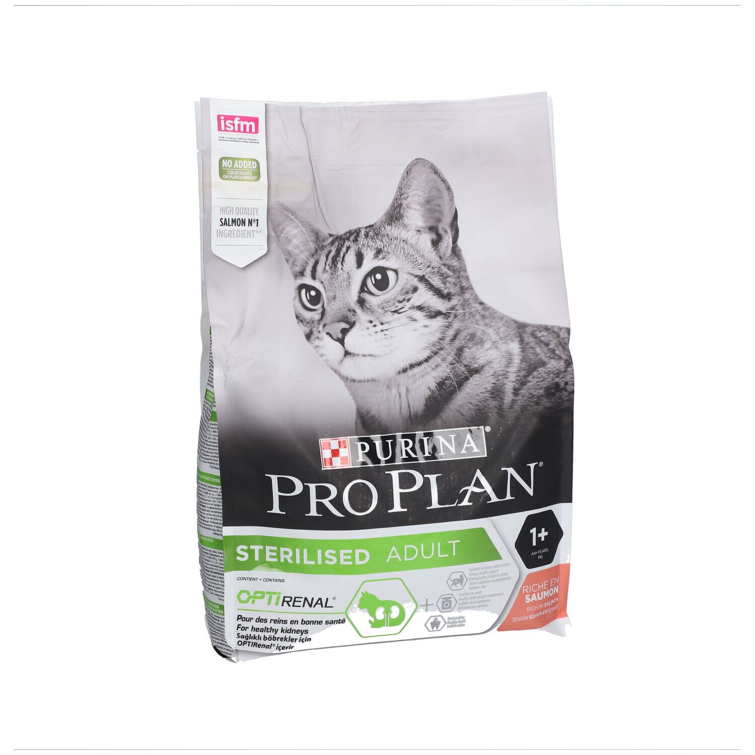 PURINA® PRO PLAN® Sterilised Adult. Vue de face du sac avec chat et texte.