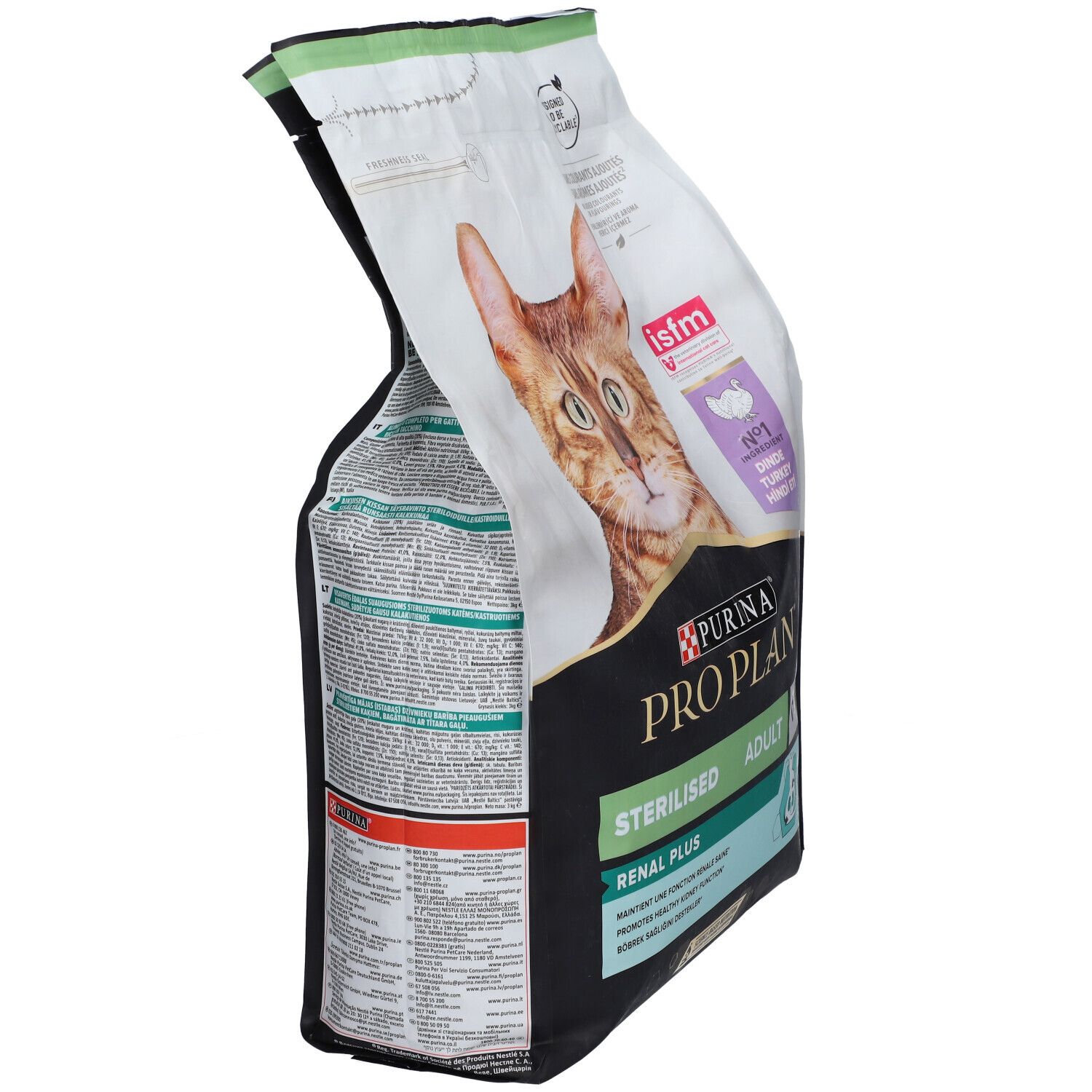 PURINA® PRO PLAN® Katzenfutterbeutel, schräg. Aufdruck: Sterilised, Renal Plus, Adult 1+. Abbildung einer Katze. Grün-weiße Verpackung.