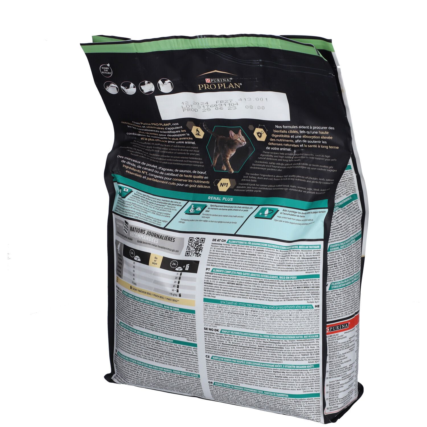 Rückseite des PURINA® PRO PLAN® Katzenfutterbeutels. Text und Grafiken. Grün-weiße Verpackung. Aufdruck: Renal Plus. QR-Code.