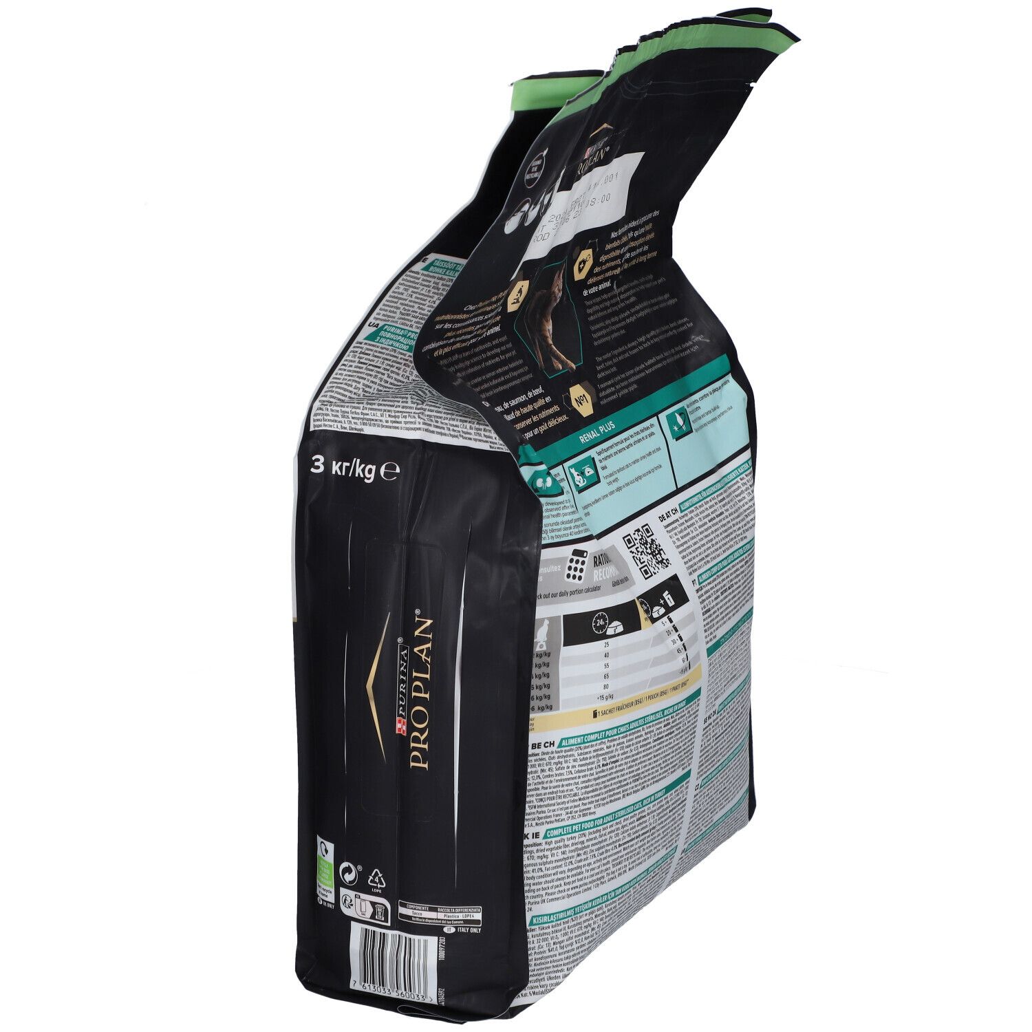 PURINA® PRO PLAN® Katzenfutterbeutel, schräg. Aufdruck: 3 kg. Text und Grafiken. Grün-weiße Verpackung. Aufdruck: Renal Plus.