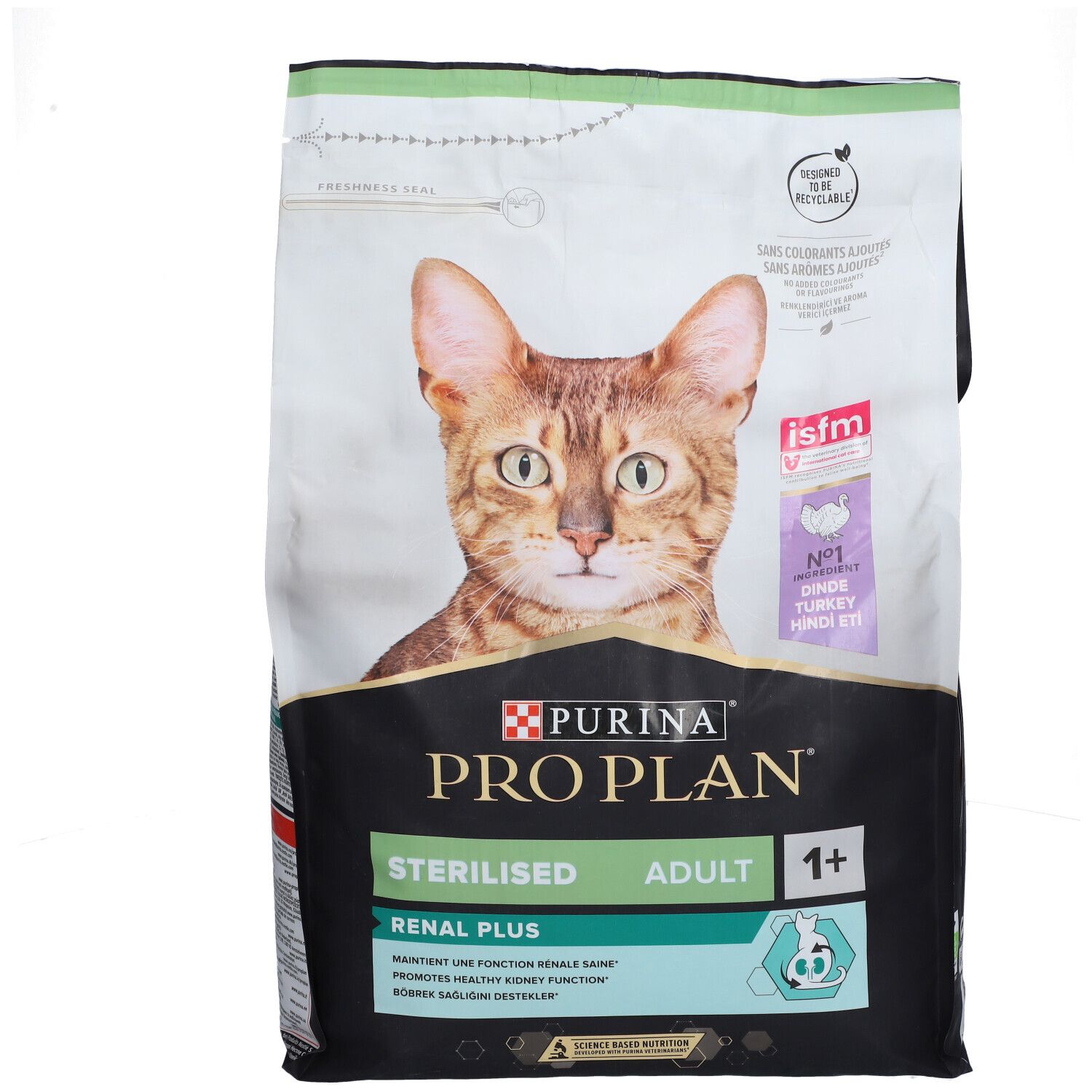 PURINA® PRO PLAN® Katzenfutterbeutel. Aufdruck: Sterilised, Renal Plus, Adult 1+. Abbildung einer Katze. Grün-weiße Verpackung.