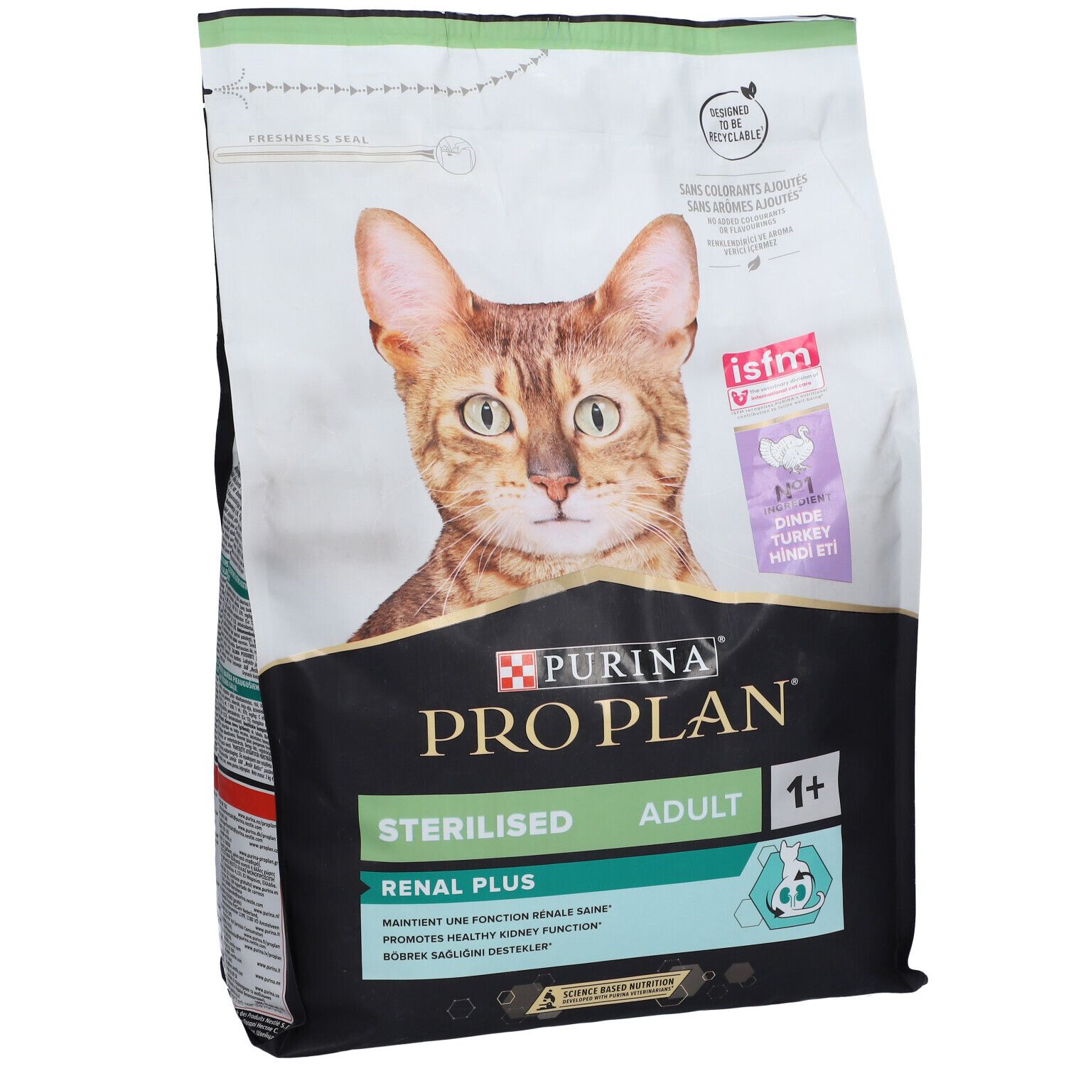 PURINA® PRO PLAN® Katzenfutterbeutel. Aufdruck: Sterilised, Renal Plus, Adult 1+. Abbildung einer Katze. Grün-weiße Verpackung.