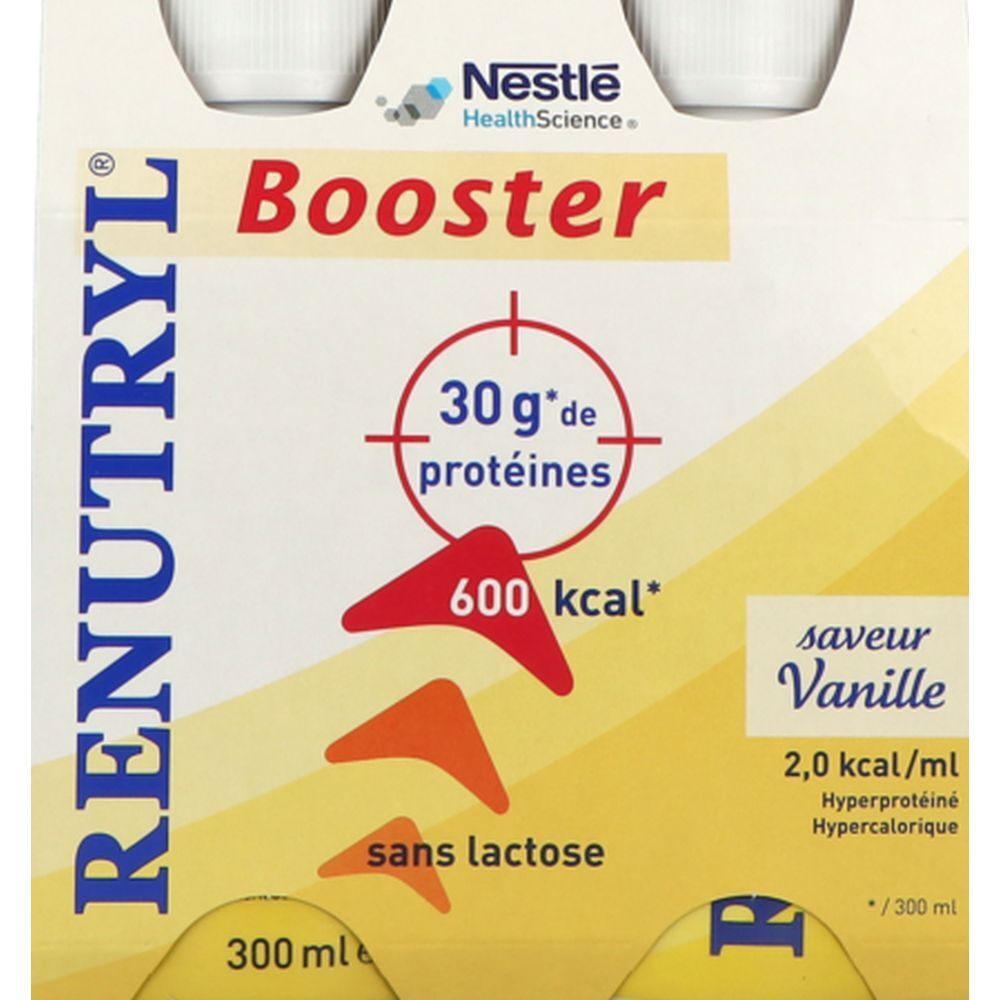 Emballage Clinutren Renutryl Booster, saveur vanille, 30g protéines, 600 kcal, sans lactose.