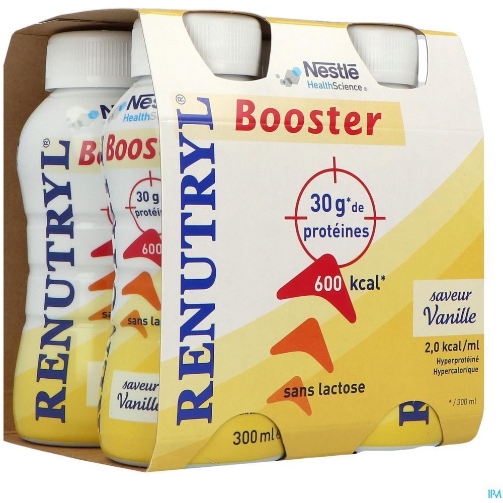 Pack de 3 bouteilles Clinutren Renutryl Booster, vanille, 30g protéines, 600 kcal, sans lactose.