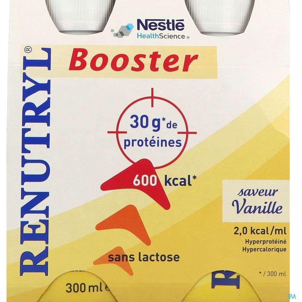 Emballage Clinutren Renutryl Booster, saveur vanille, 30g protéines, 600 kcal, sans lactose.