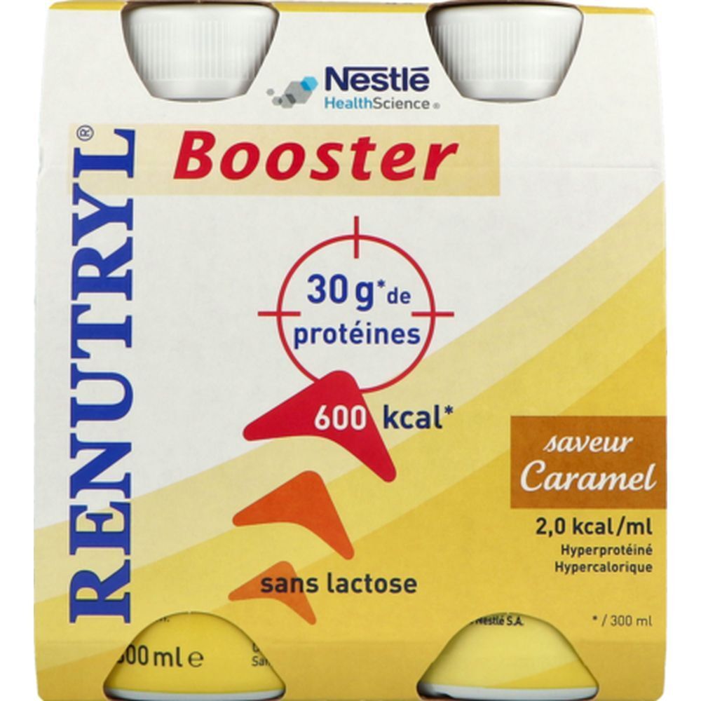 Emballage Renutryl Booster. Contient 30g protéines, 600 kcal, sans lactose, saveur Caramel. Logo Nestle HealthScience.