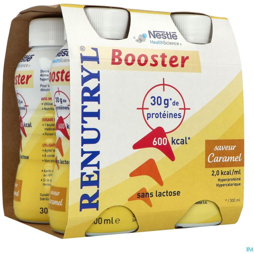 Emballage Renutryl Booster. Bouteilles dans carton. Contient 30g protéines, 600 kcal, sans lactose, saveur Caramel. Logo Nestle HealthScience.