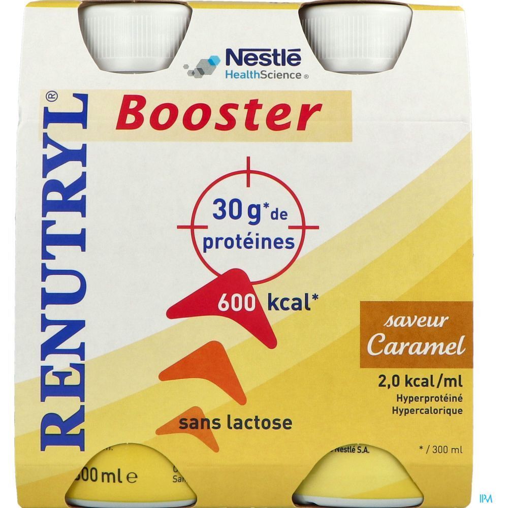 Emballage Renutryl Booster. Contient 30g protéines, 600 kcal, sans lactose, saveur Caramel. Logo Nestle HealthScience.