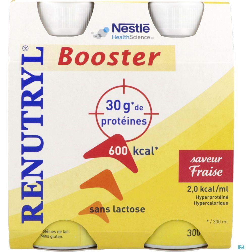 Emballage de quatre bouteilles. Inscription: RENUTRYL Booster, 30 g de protéines, 600 kcal, sans lactose, saveur Fraise.