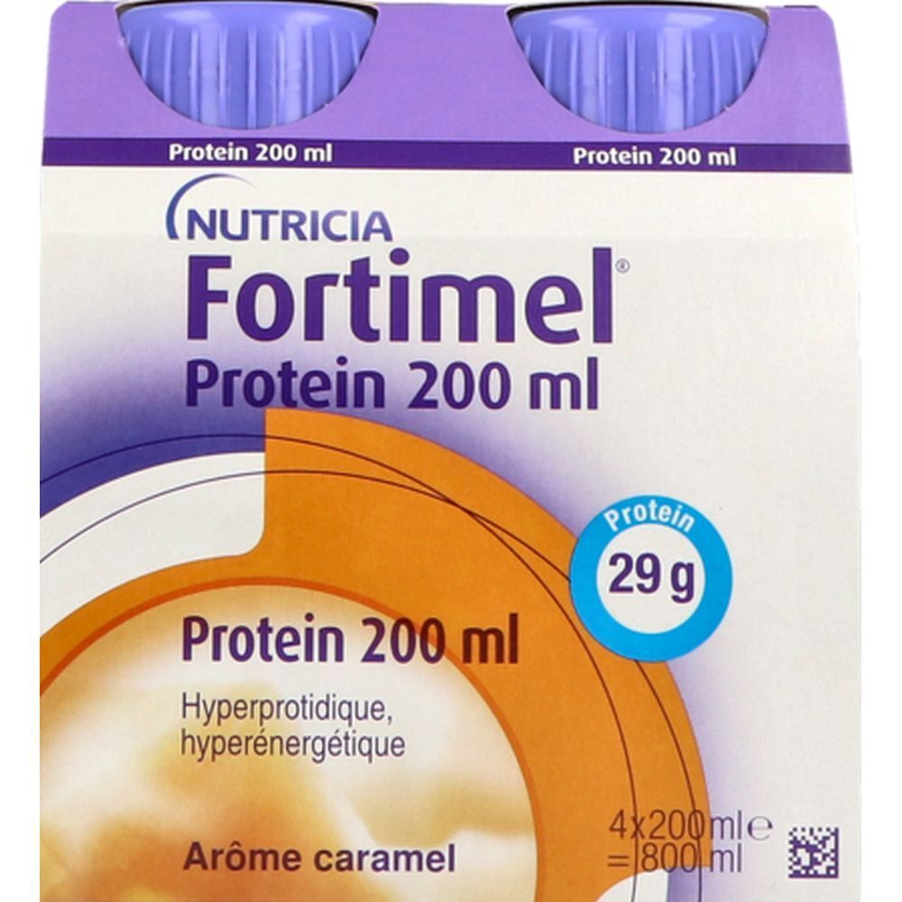 Emballage de quatre bouteilles Fortimel Protein Caramel. Inscription : Protéines 200 ml, 29 g de protéines. Arôme caramel.