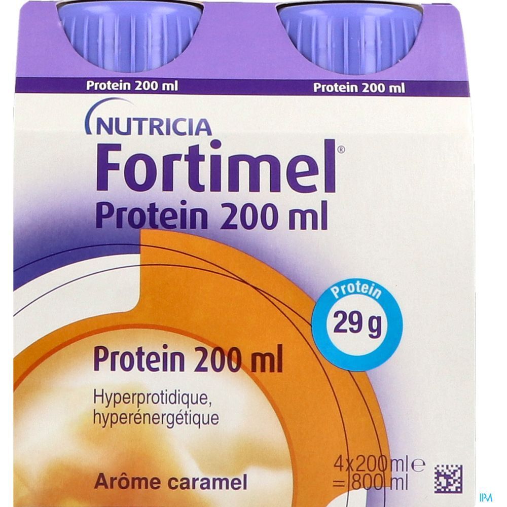 Emballage de quatre bouteilles Fortimel Protein Caramel. Inscription : Protéines 200 ml, 29 g de protéines. Arôme caramel.